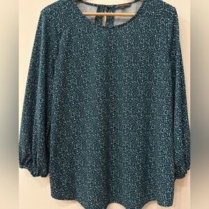 Adrianna Papell Teal and White Patterned Long Sleeve Blouse, Size XL